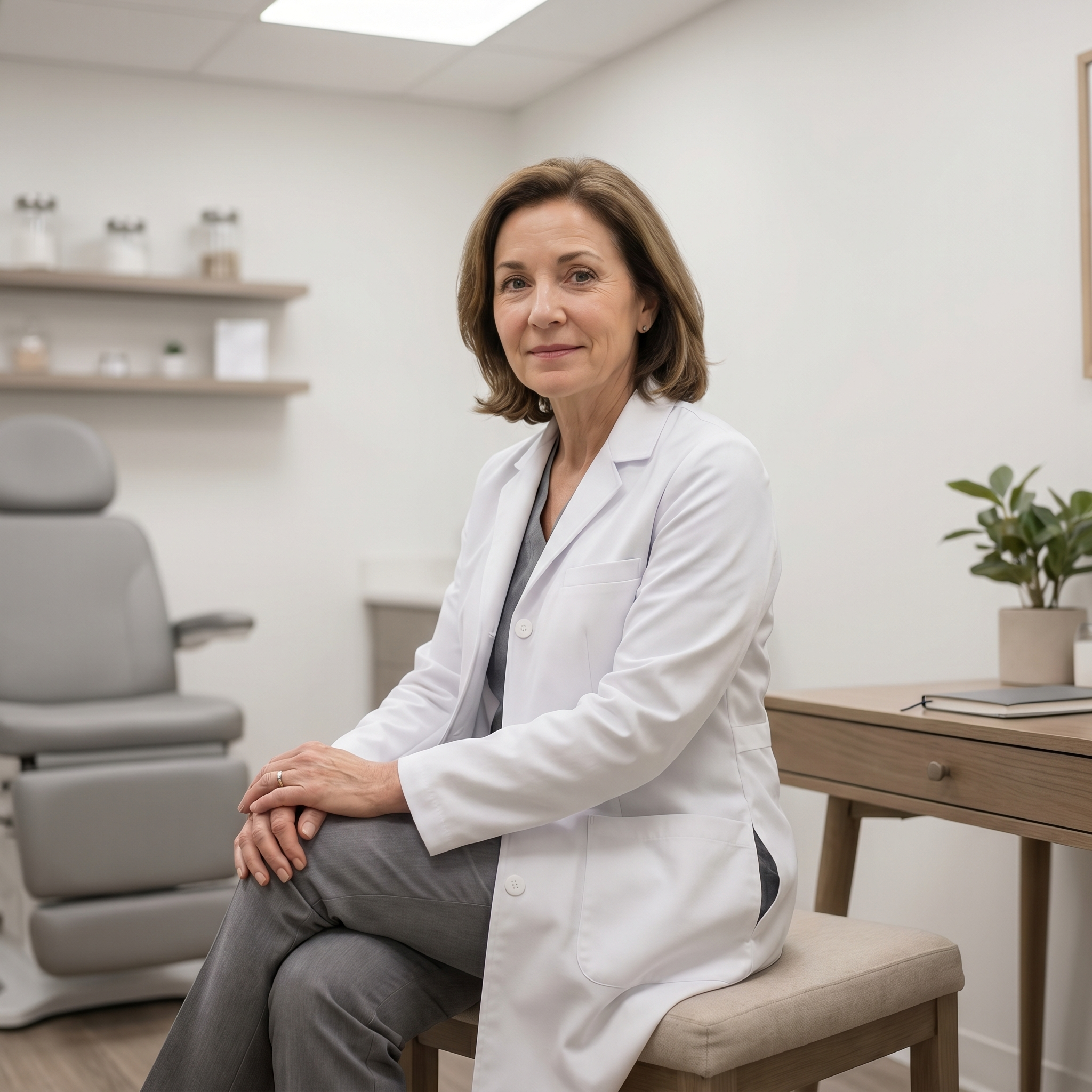Dermatologist in her office, calm and attentive