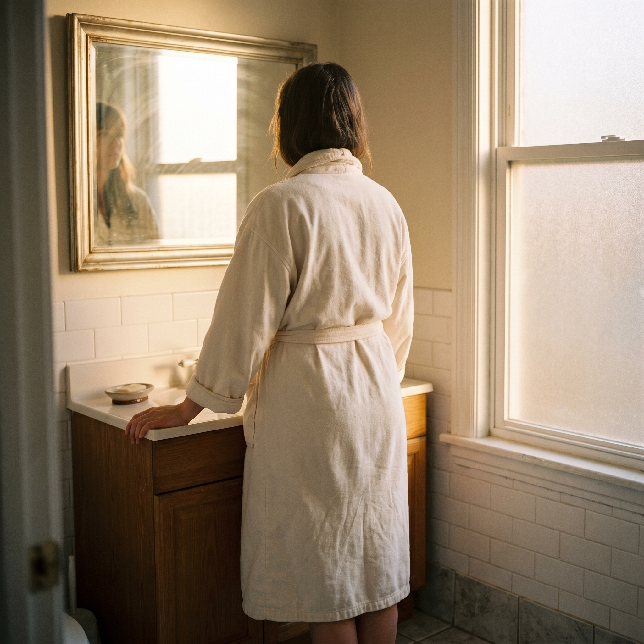 Woman at bathroom mirror in soft morning light