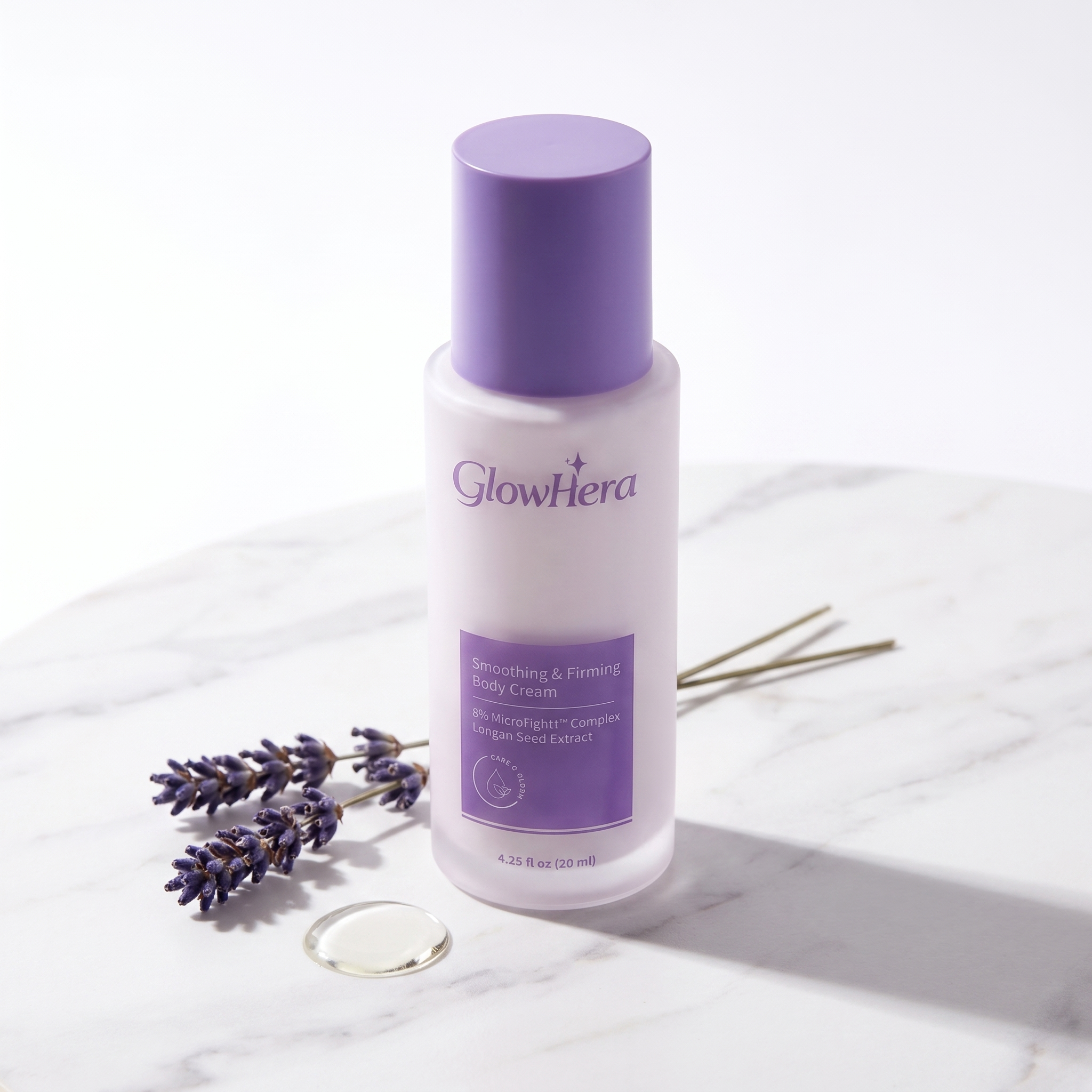 Glowhera Smoothing and Firming Body Cream bottle on marble surface