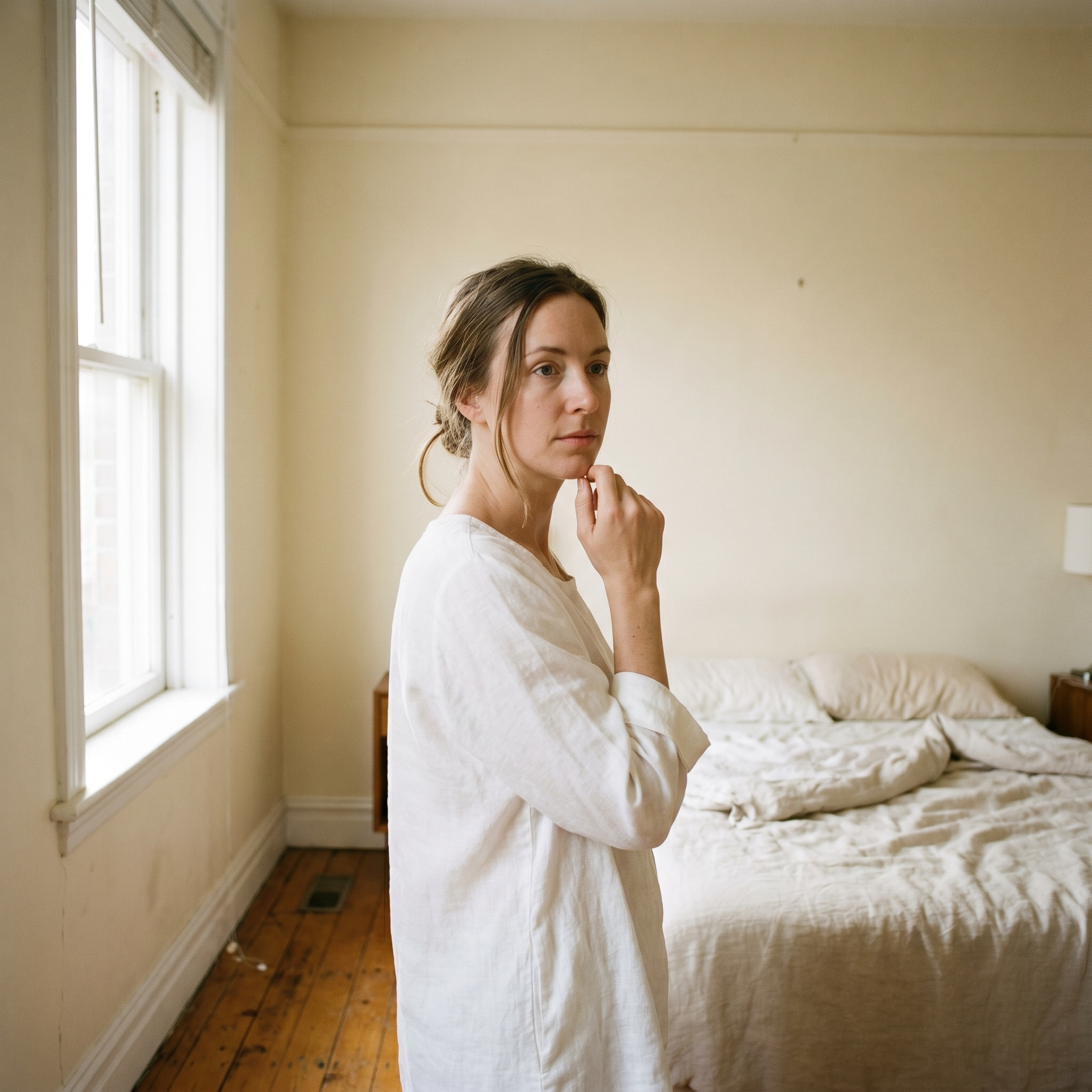 Woman in soft natural morning light, quiet and reflective